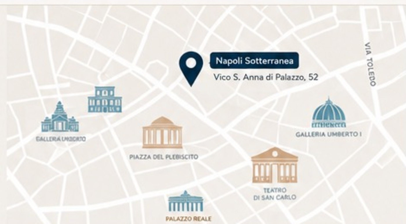 Mappa illustrata della zona di Napoli Sotterranea, vicino a Piazza del Plebiscito, Galleria Umberto I, Teatro di San Carlo e Palazzo Reale
